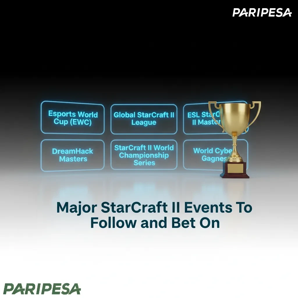 Graphic listing major StarCraft II tournaments: EWC SC2, GSL, ESL Masters EPT, IEM Katowice, TSL, WTL, with betting markets.