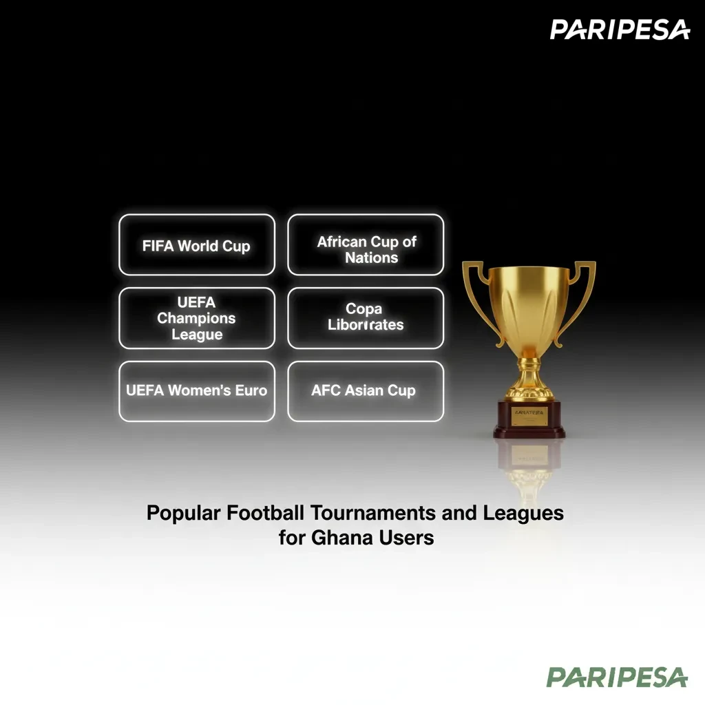 Graphic of Ghana football leagues and tournaments: World Cup, AFCON, UCL, EPL, Ghana Premier League.