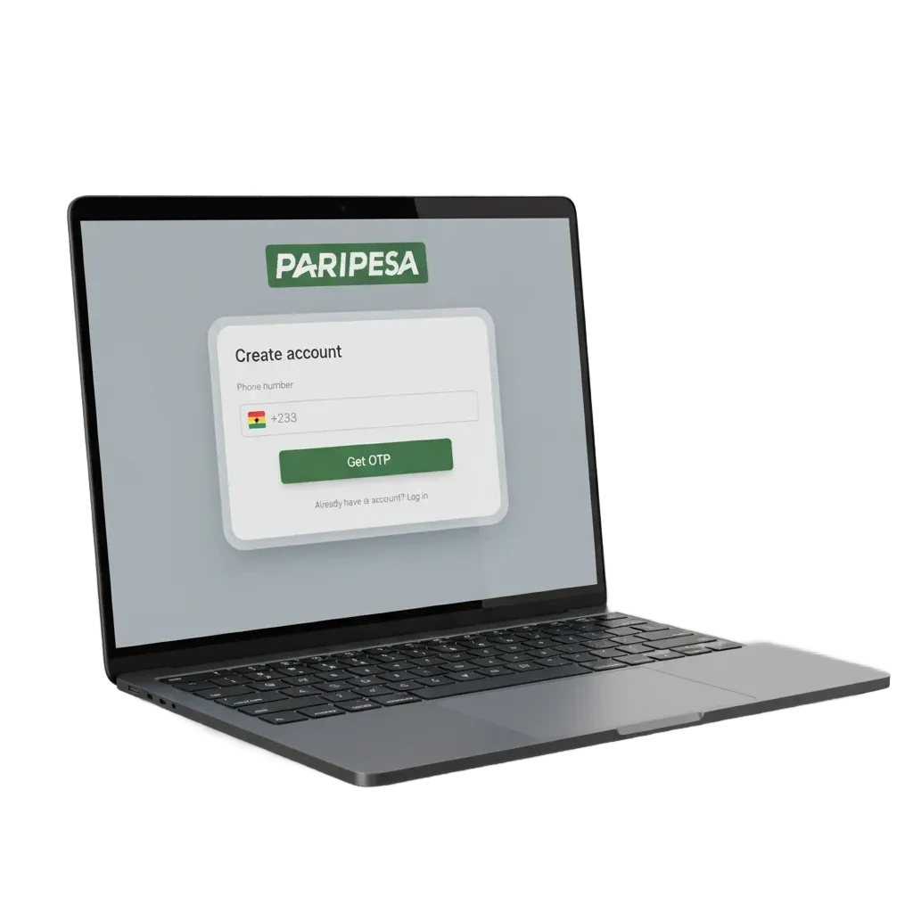 Paripesa Ghana sign-up options: phone, one-click, email, social; sports betting & casino; GHS bets & payouts; 100% bonus.