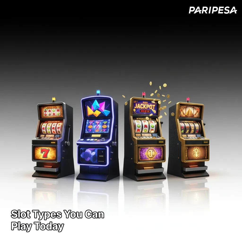 Graphic listing slot types: classic 3-reel, video, Megaways, progressives, Hold & Win, Cluster Pays; pick by risk and pace.