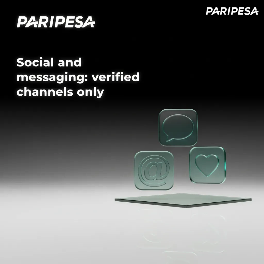 Icons for WhatsApp, Telegram, Messenger, and X with a verified badge; use official links only to avoid impostors.