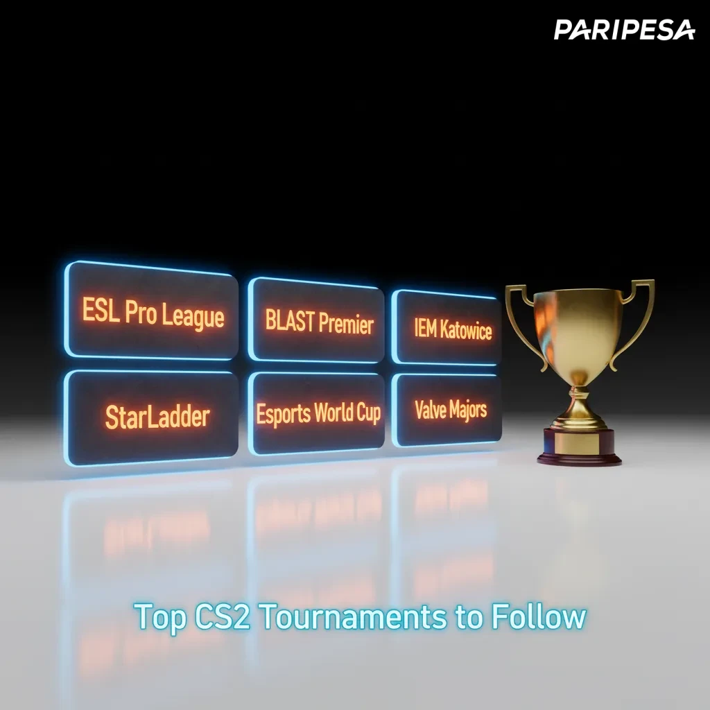 Graphic of top CS2 tournaments: Valve Majors, ESL Pro League, BLAST, IEM Katowice & Cologne, EWC, StarLadder & CCT