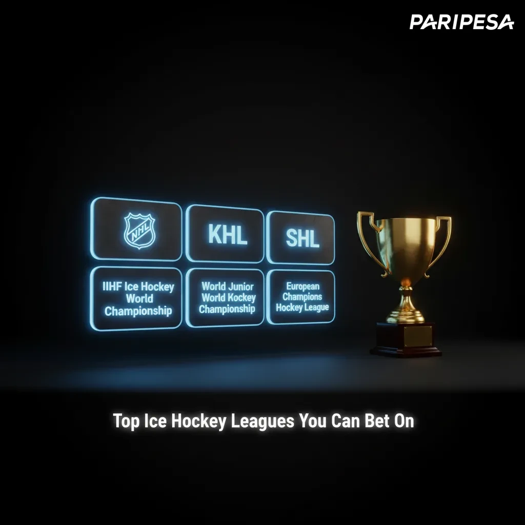 Graphic listing top ice hockey leagues to bet on: NHL, KHL, SHL, Liiga, DEL, IIHF Worlds, World Juniors, CHL.